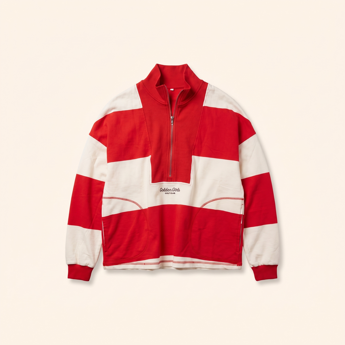 Red and cream stripe quarter-zip pullover