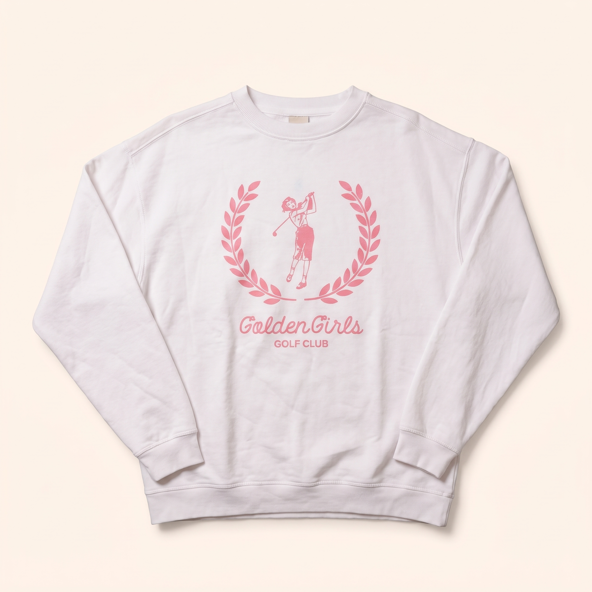 White crewneck with rose laurel golfer print