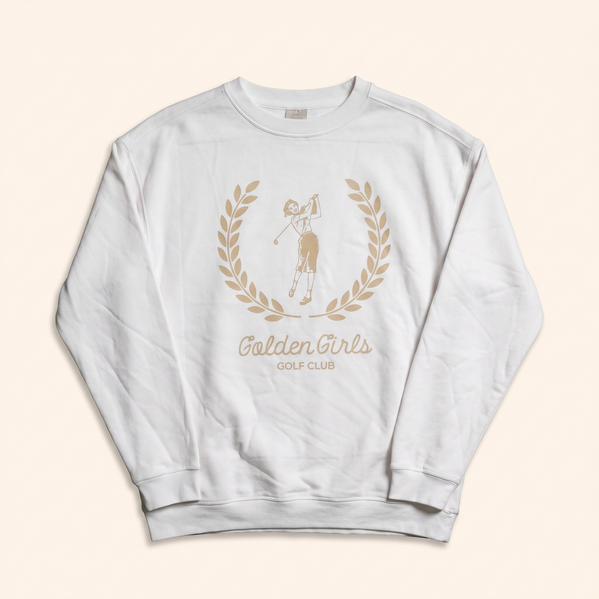 White crewneck with gold laurel golfer print