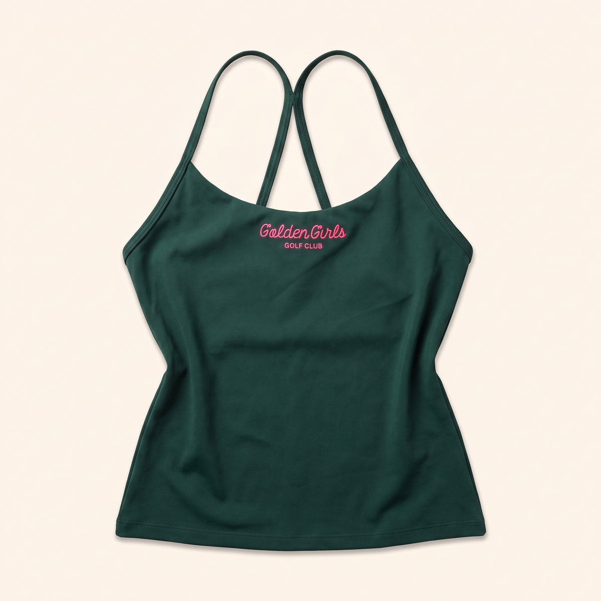 Green cami with pink script logo, flat