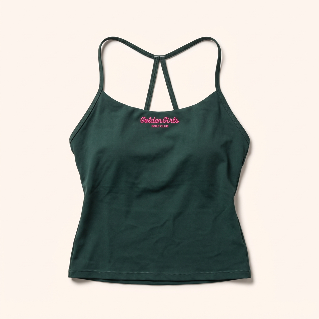 Green cami with pink script logo, front