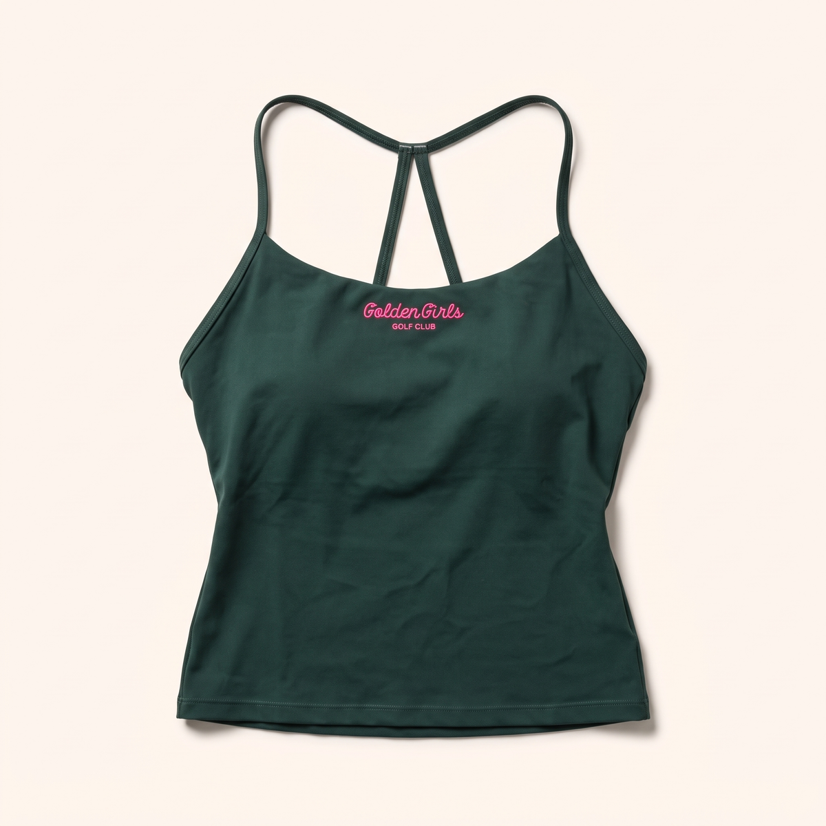 Green cami with pink script logo, front