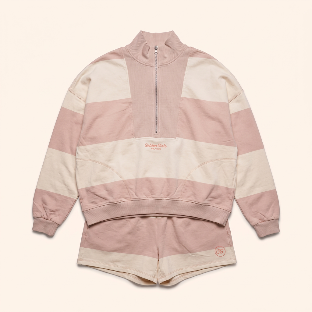 Blush stripe quarter-zip with matching shorts