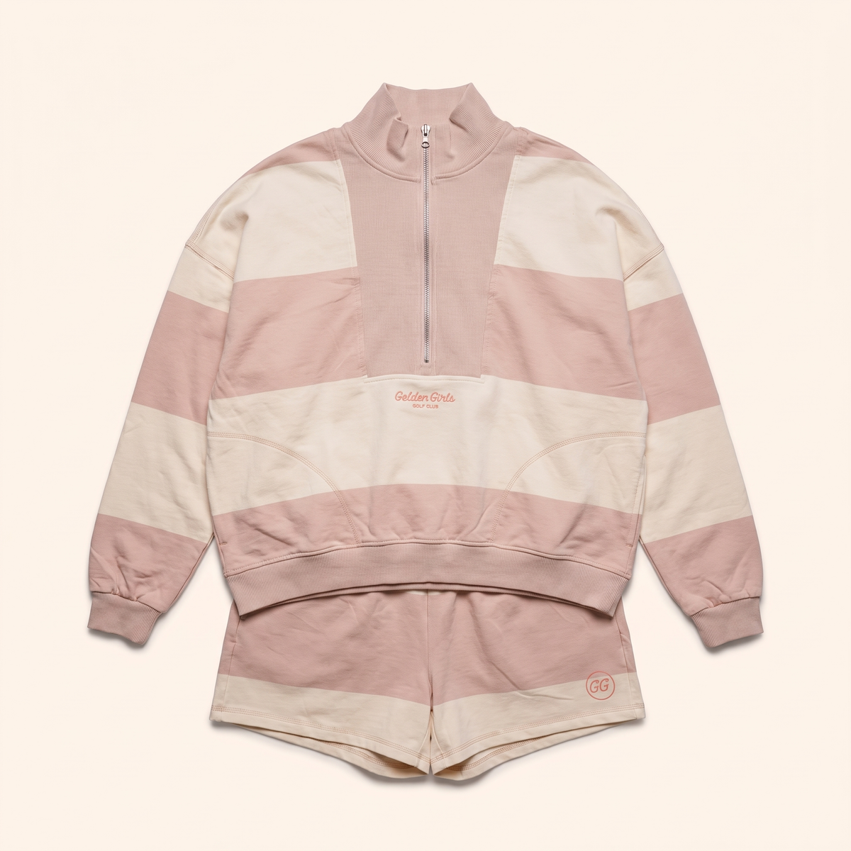 Blush stripe quarter-zip with matching shorts