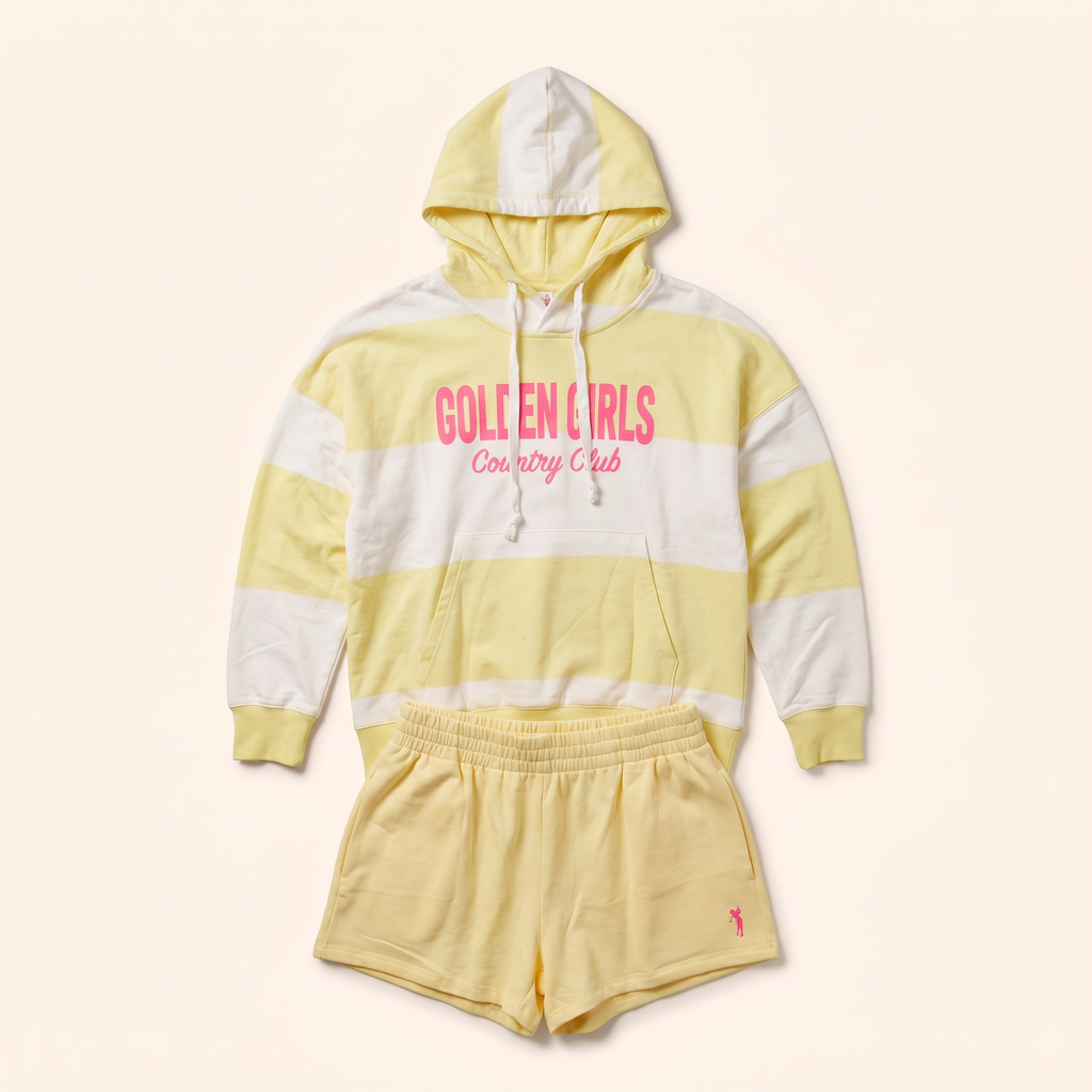 Yellow and cream stripe hoodie with Country Club print, shown with matching shorts