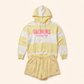 Yellow and cream stripe hoodie with Country Club print, shown with matching shorts