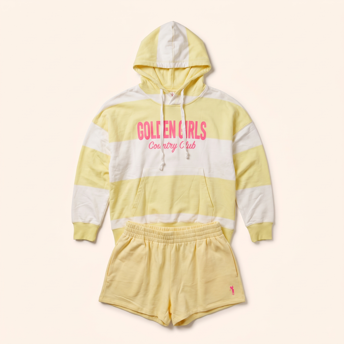 Yellow and cream stripe hoodie with Country Club print, shown with matching shorts
