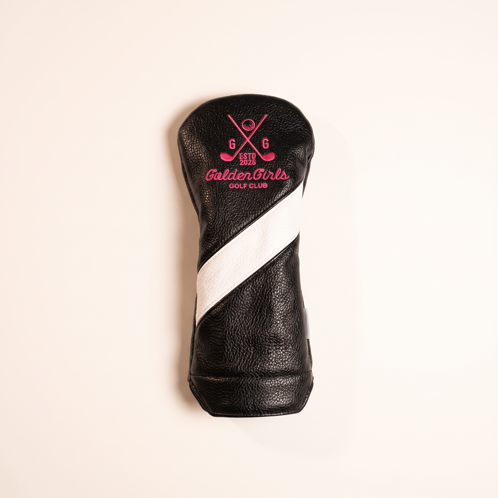 Black leather driver headcover with pink crossed clubs crest