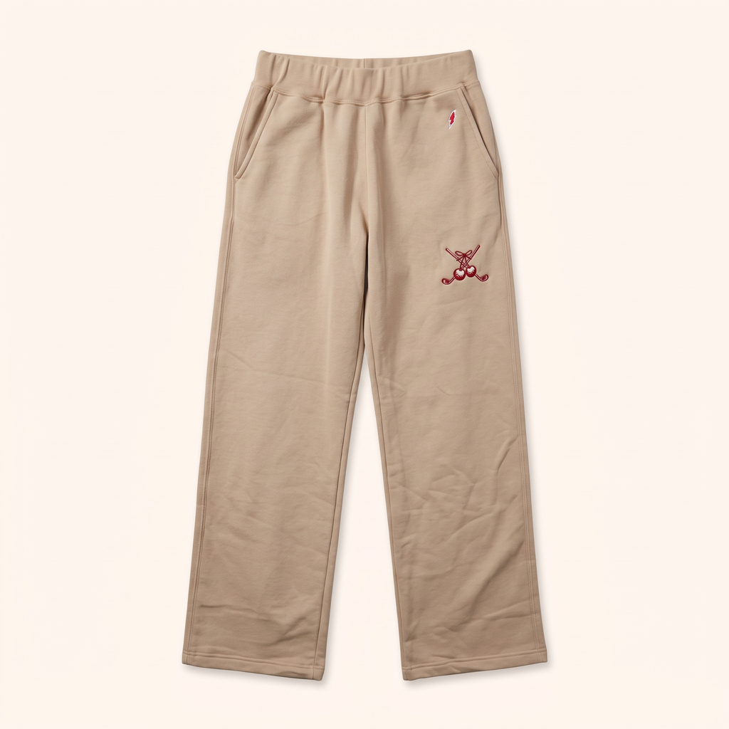 Sand wide-leg sweatpants with red cherry embroidery