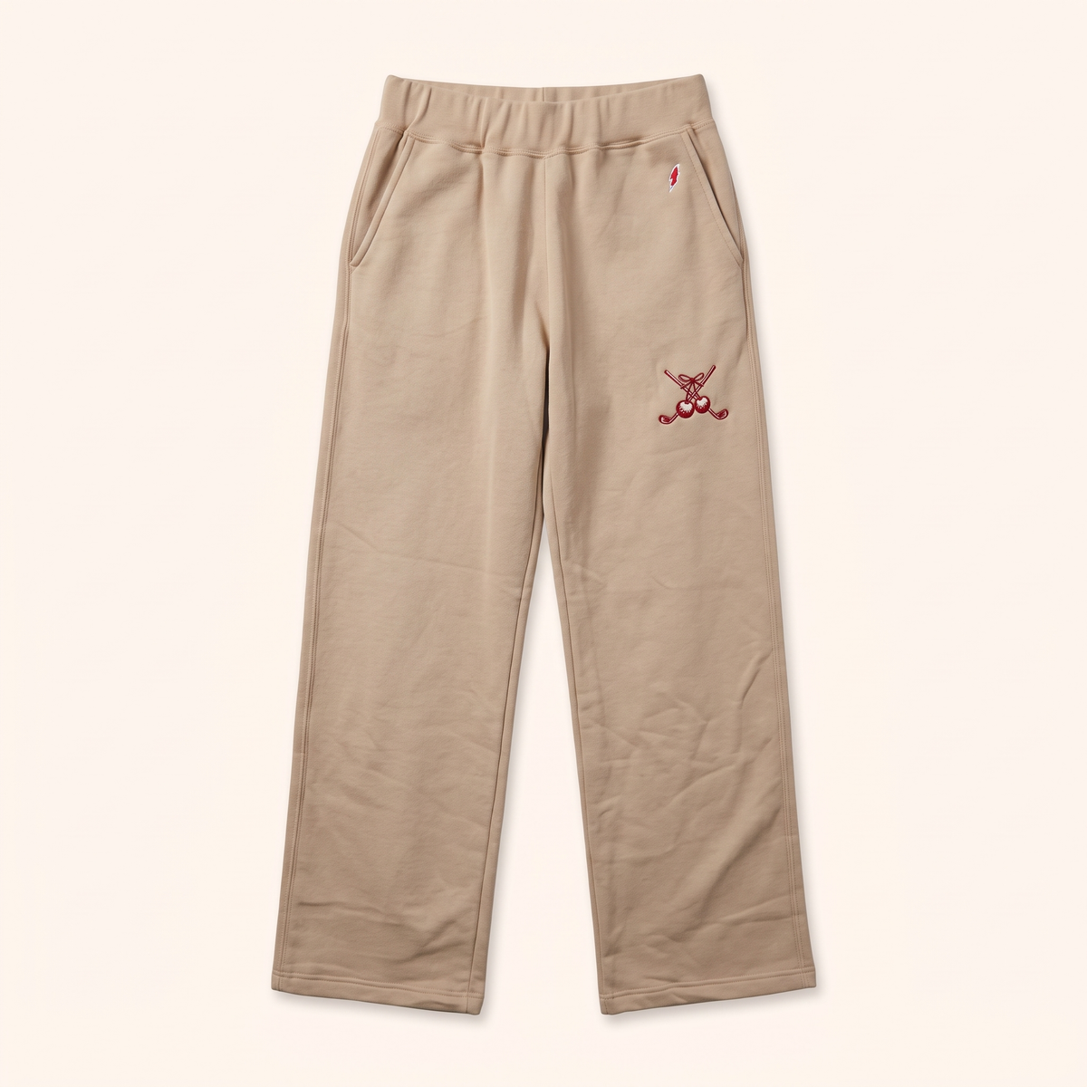 Sand wide-leg sweatpants with red cherry embroidery