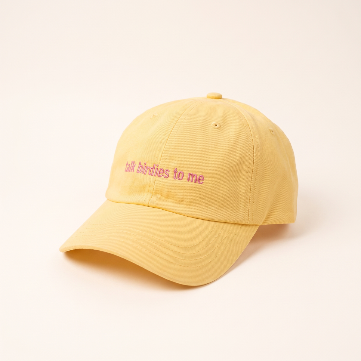 Butter yellow dad cap with pink talk birdies to me embroidery
