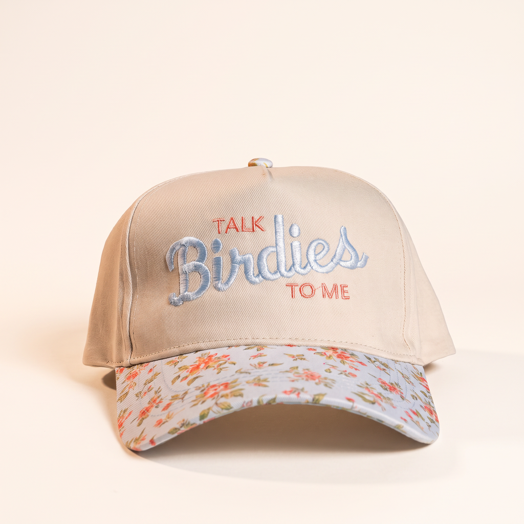 Sand Talk Birdies To Me cap with floral brim